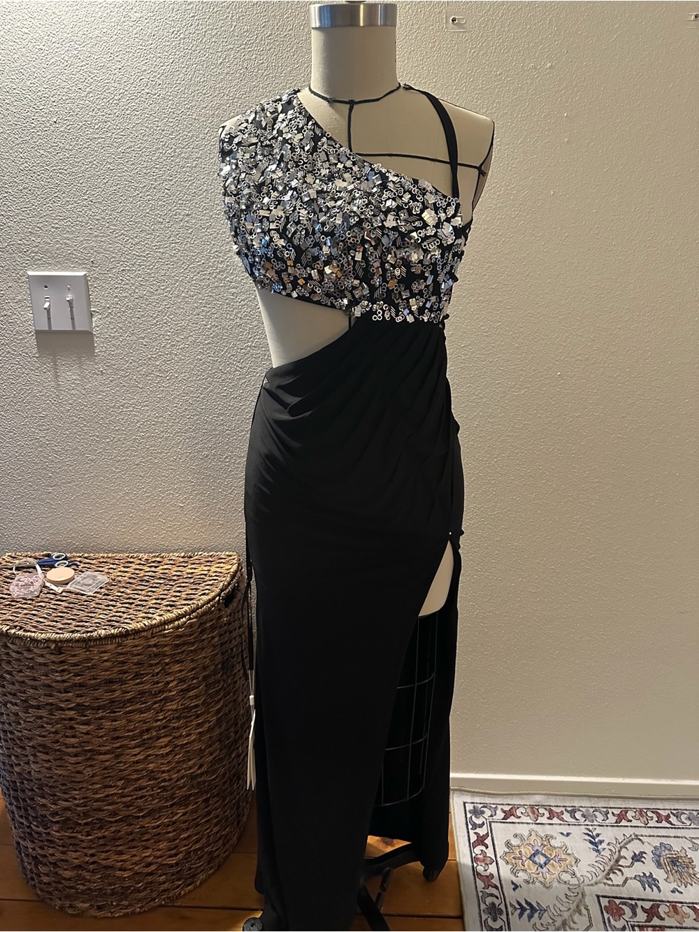 Mac Duggal Black One-Shoulder Beaded + Sequin Cutout Evening Dress